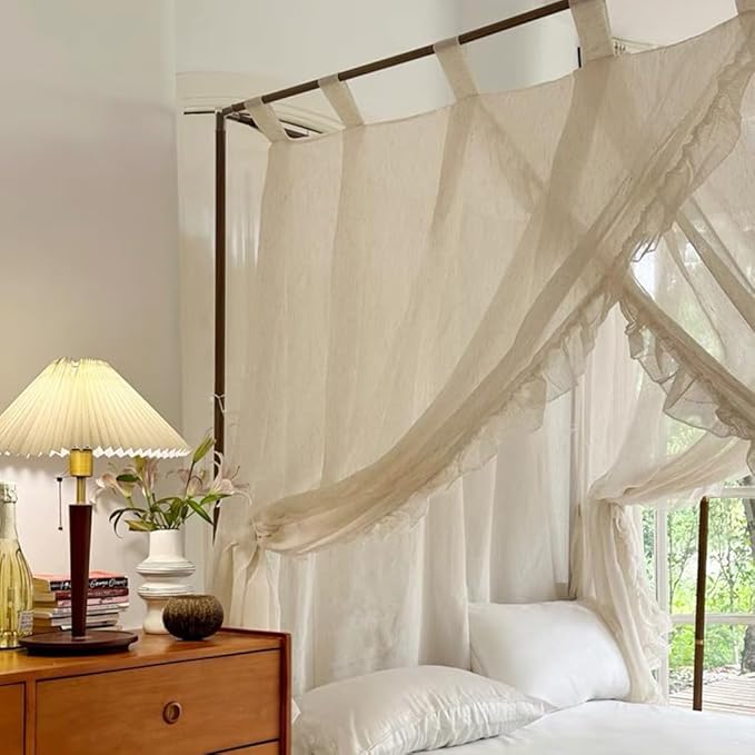 Elegant Modern Linen Princess 4 Corner Post Mosquito Net Romantic for Girls Women Bed Curtain Canopy for Adult Wedding Bedroom Kids Rooms Decoration (White-Beige, California King)
