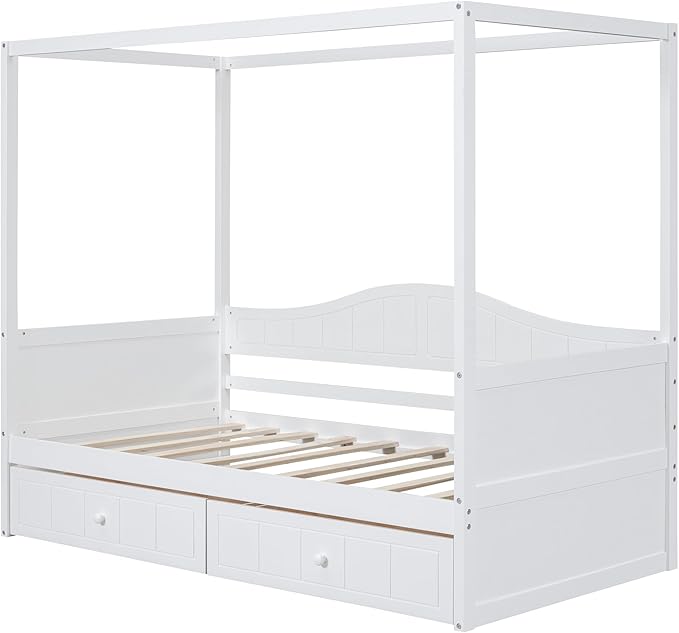 Twin Size Canopy Day Bed with 2 Drawers, White Finish, Sturdy Pine Wood and MDF, Built in Backrest, Space-Saving Design, Fits Curtains and Decorations,77.6"x 41.3"x66.1"