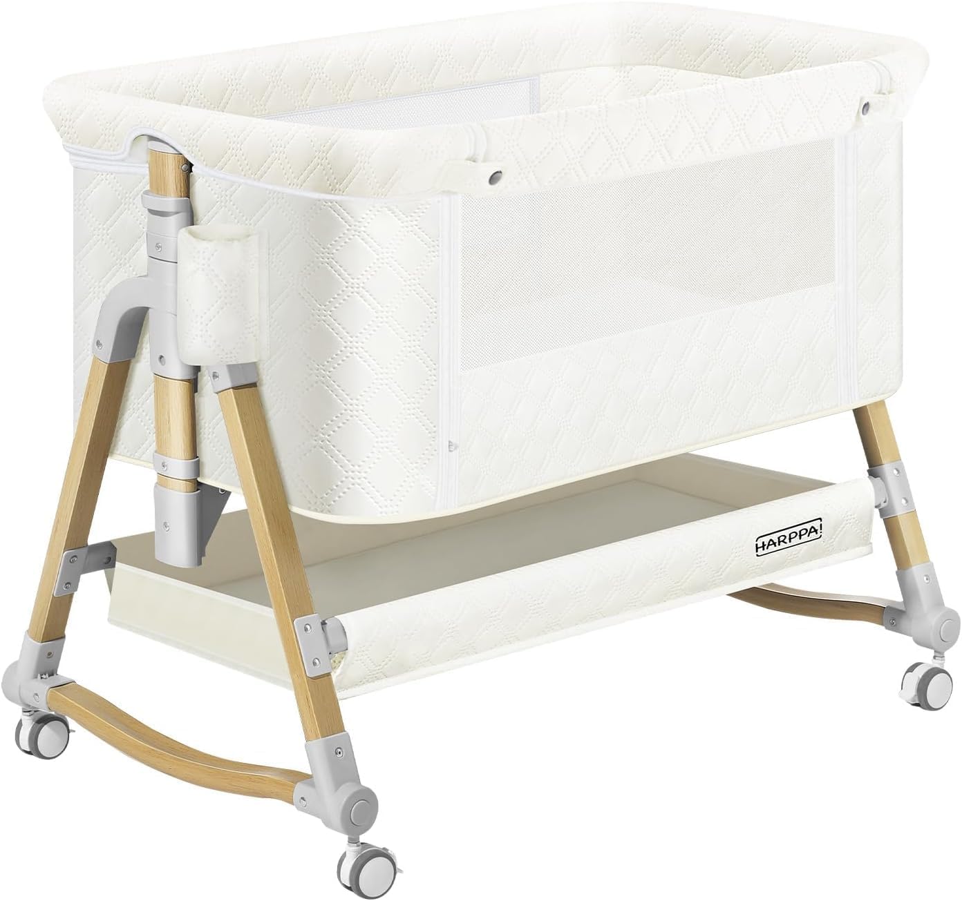 HARPPA Cuddly Bassinet, 3 in 1 Baby Bassinet Bedside Sleeper, Bedside Crib with Mattress and Wheels, Breathable Mesh, 5 Height Adjustable, Anchor Strap (Wood Grain, White)