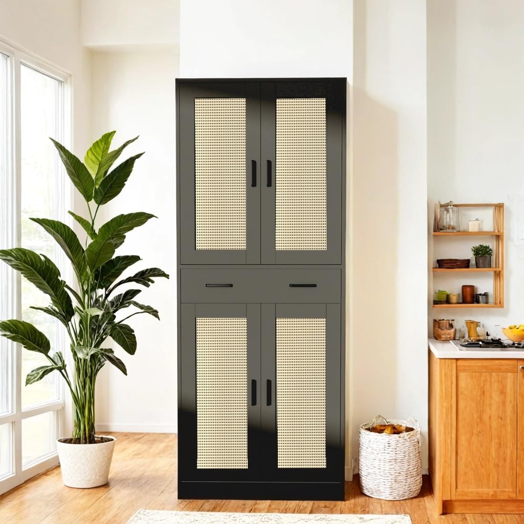 71" Tall Black & Rattan Pantry Cabinet - Boho Chic Kitchen Storage with Doors & Drawer for Dining Room, Hallway or Kitchen Organization