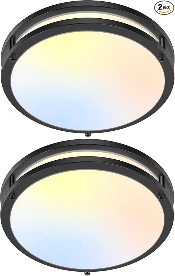 2-Pack 36W LED Flush Mount Ceiling Lights, 3000LM Black Ceiling Light Fixtures, 5 Color in One (2700K/3000K/4000K/5000K/6500K), 12'' Modern Round Ceiling Lamp for Kitchen Hallway Stairwell Offices