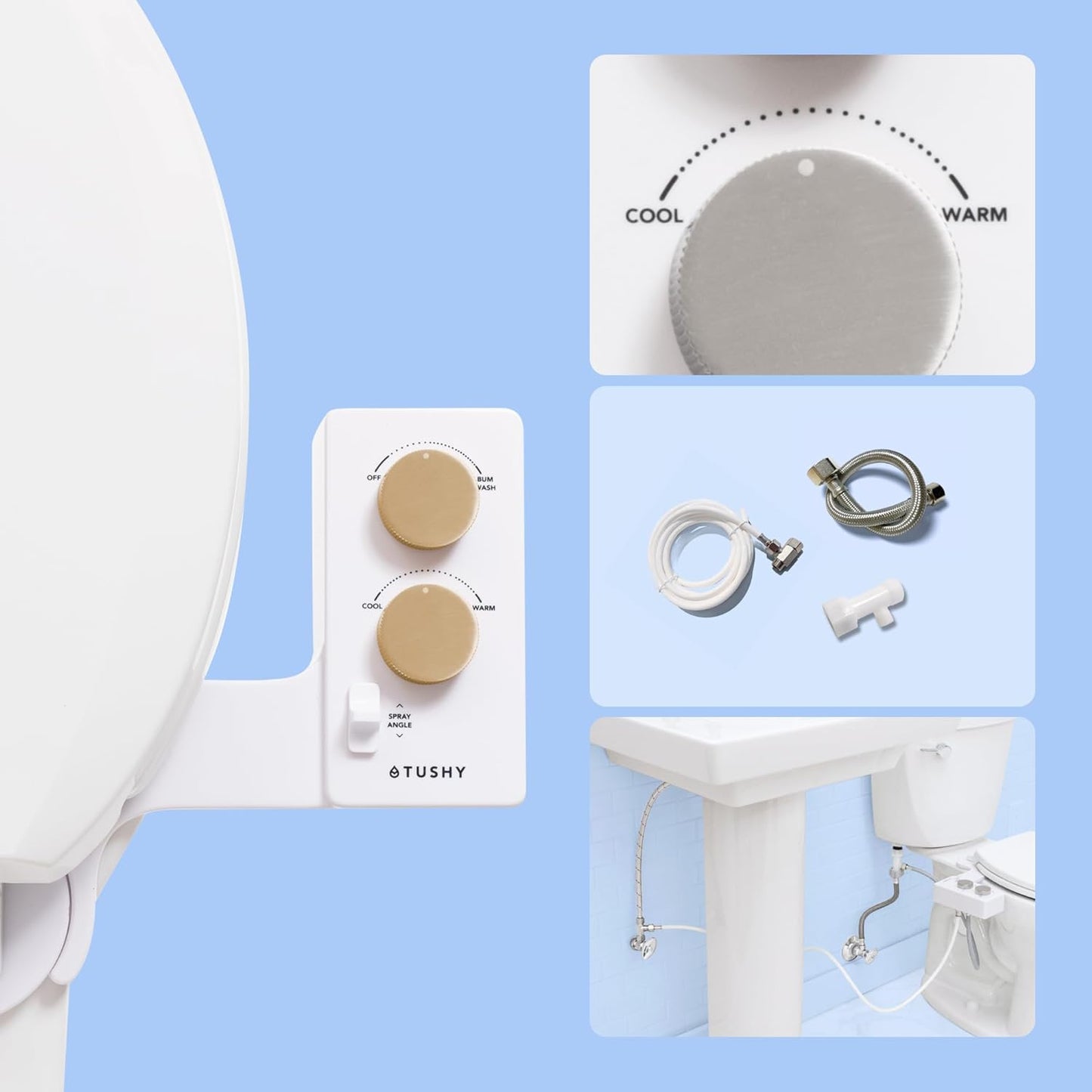 TUSHY Spa Royale Warm Water Bidet Seat Attachment. Self Cleaning Water Sprayer, Adjustable Pressure Nozzle, Angle Control. (Requires Sink Access for Water Temperature Control), Gold Knobs