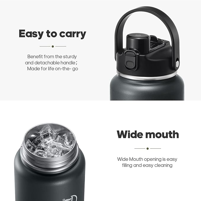 Half Gallon Insulated Water Bottle with 2-in-1 Lid (Chug Lid/Straw Lid), 40/64oz Double Walled Vacuum Stainless Steel Water Bottles, Water Jug with Straw