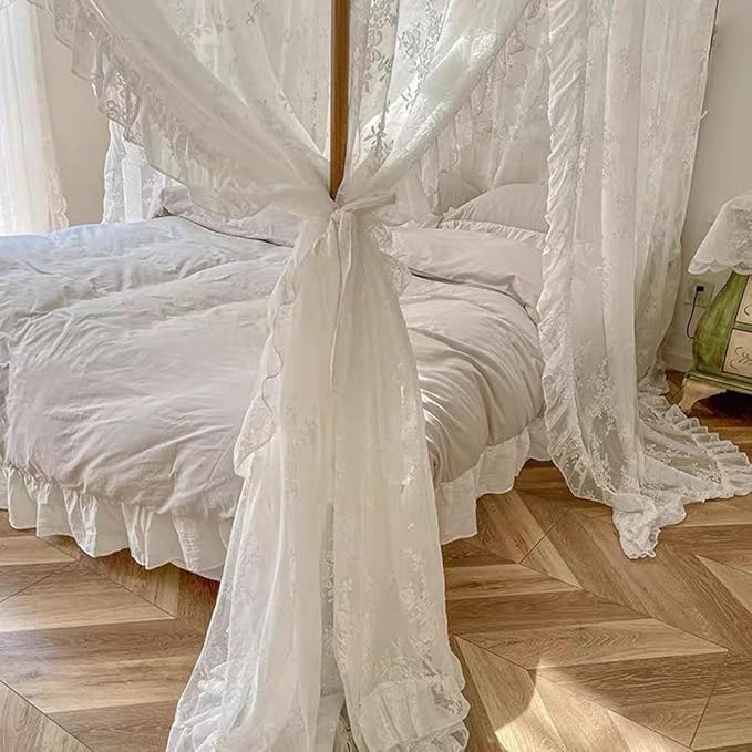 Elegant Lace Princess 4 Corner Post Mosquito Net Romantic for Girls Women Bed Curtain Canopy for Adult Wedding Bedroom Kids Rooms Decoration (Type3-Beige-White, Full)