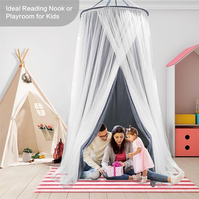 40"x 106" Bed Canopy for Girls & Adults, Double Layer Princess Round Dome Bed Curtain Canopy Drapes, Dreamy Mosquito Net Reading Nook, Bedroom Decoration (Gray)