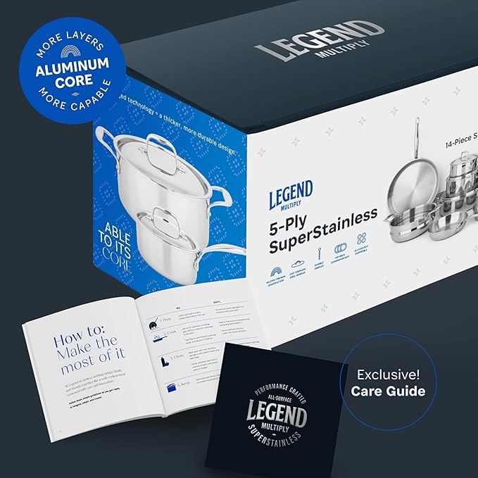 Legend 5 Ply Stainless Steel Cookware Set - 14-Piece, Full Clad, Induction, Non-Toxic, Oven Safe, Best Professional Pots and Pans, Heavy Premium Kitchen Cooking, Chef Quality - PFOA, PTFE & PFOS Free