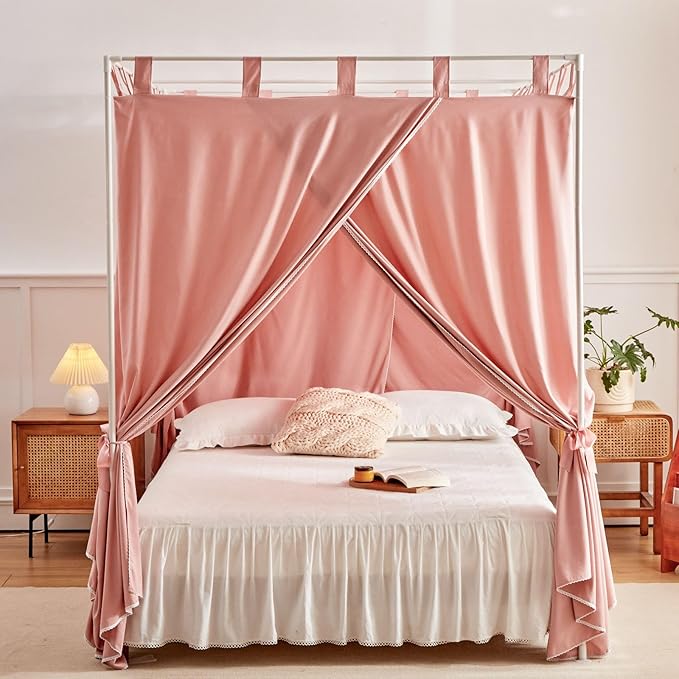 AIKASY Bean Paste Canopy Bed Curtains with Top Ties and Tie Backs for Bedroom Decoration - Twin Size Bed Curtains with Windproof and Lightproof Features