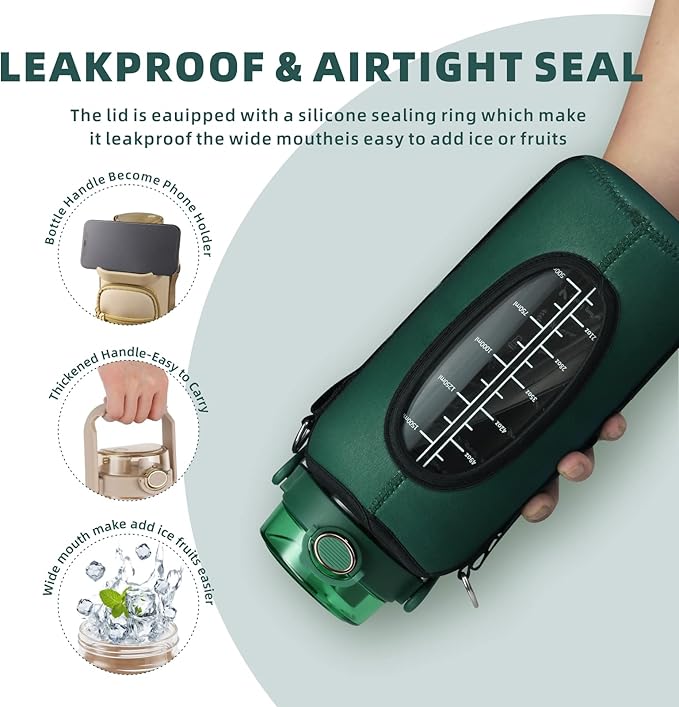 Half Gallon 64oz Glass Water Bottle with Straw and Storage Sleeve Motivational Water Bottle with Strap and Time to Drink 2L Leakproof Reusable Water Jug for Fitness Gym and Outdoors