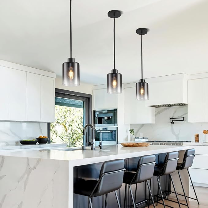 Black Pendant Lights Kitchen Island,Smoked Glass Pendant Light Fixture Multiple Stems Rods 3 Units 12 Inch 3 Units 4 Inch (2 Pack Smoked Glass+Black Downrod)