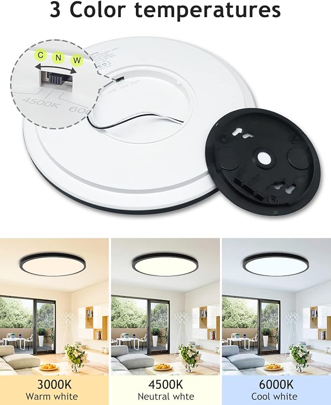 1PACK Flush Mount LED Ceiling Light Fixture Black, 12Inch 28Watt, Dimmable & 3000K-4500K-6000K 3 Color Selectable Ceiling Lamp 3200LM Low Profile Ceiling Light for Kitchen Bedroom Hallway Porch