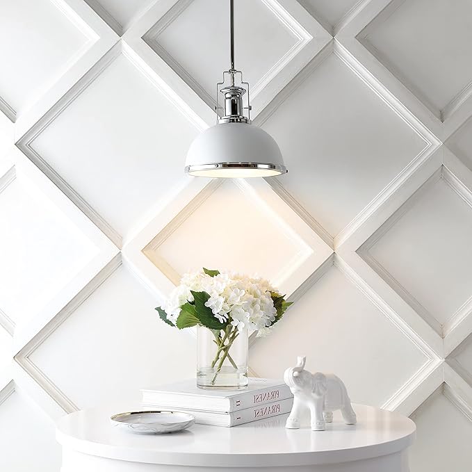 JONATHAN Y JYL9536C Homer 13" 1-Light Modern Industrial Iron LED Dome Pendant Classic, Cottage, Farmhouse Bedroom Living Room, Chrome/White