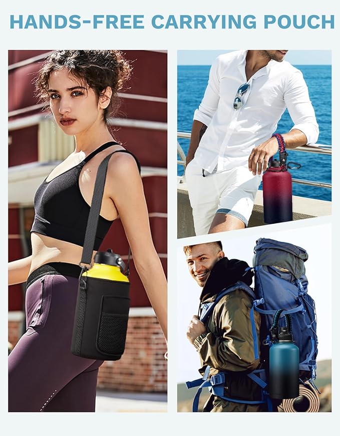 Half Gallon Water Bottle with Straw - Pop Up Lid, Carrying Pouch, Paracord Handle, Silicone Boot, 64 oz Water Bottle Triple Wall Thermal Mug Gallon Water Jug for Work School Home Sports Gym