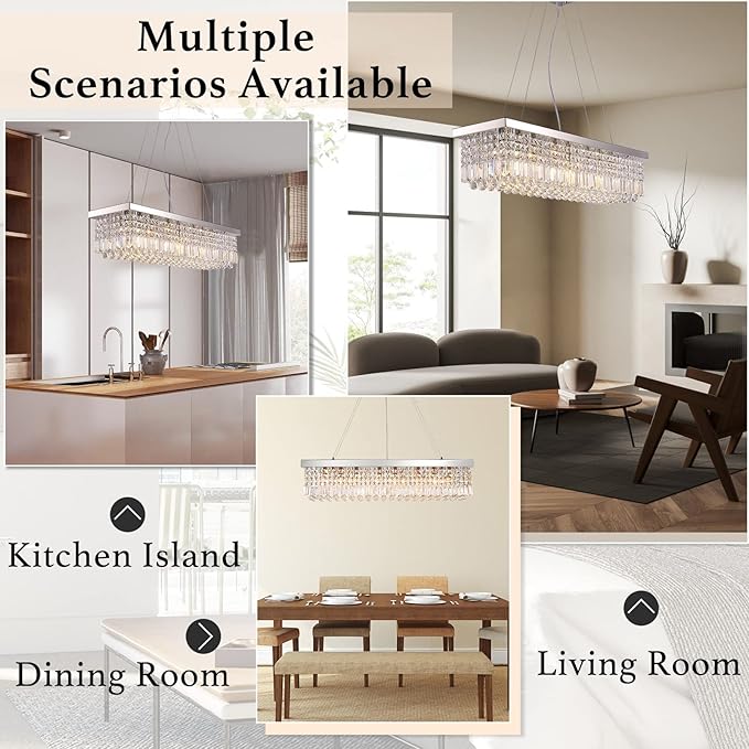 Siljoy 10-Light Modern Crystal Chandelier for Dining Room, Rectangular K9 Crystal Raindrop Chandelier, Rectangle Pendant Ceiling Light Fixture for Living Room Kitchen Island L47'' x W10'' x H10''