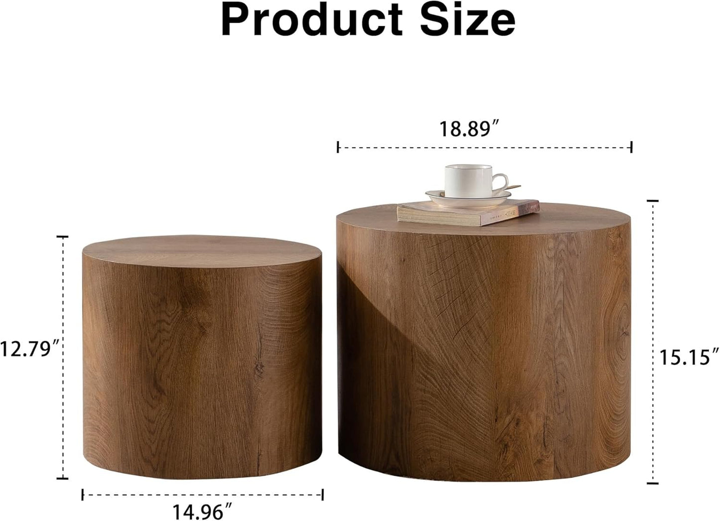 Nesting Round Coffee Table Set of 2, Small Circle Accent End Table for Small Spaces, Morden Drum Side Table, Wooden Center Table for Living Room, Fully Assembled - Light Walnut