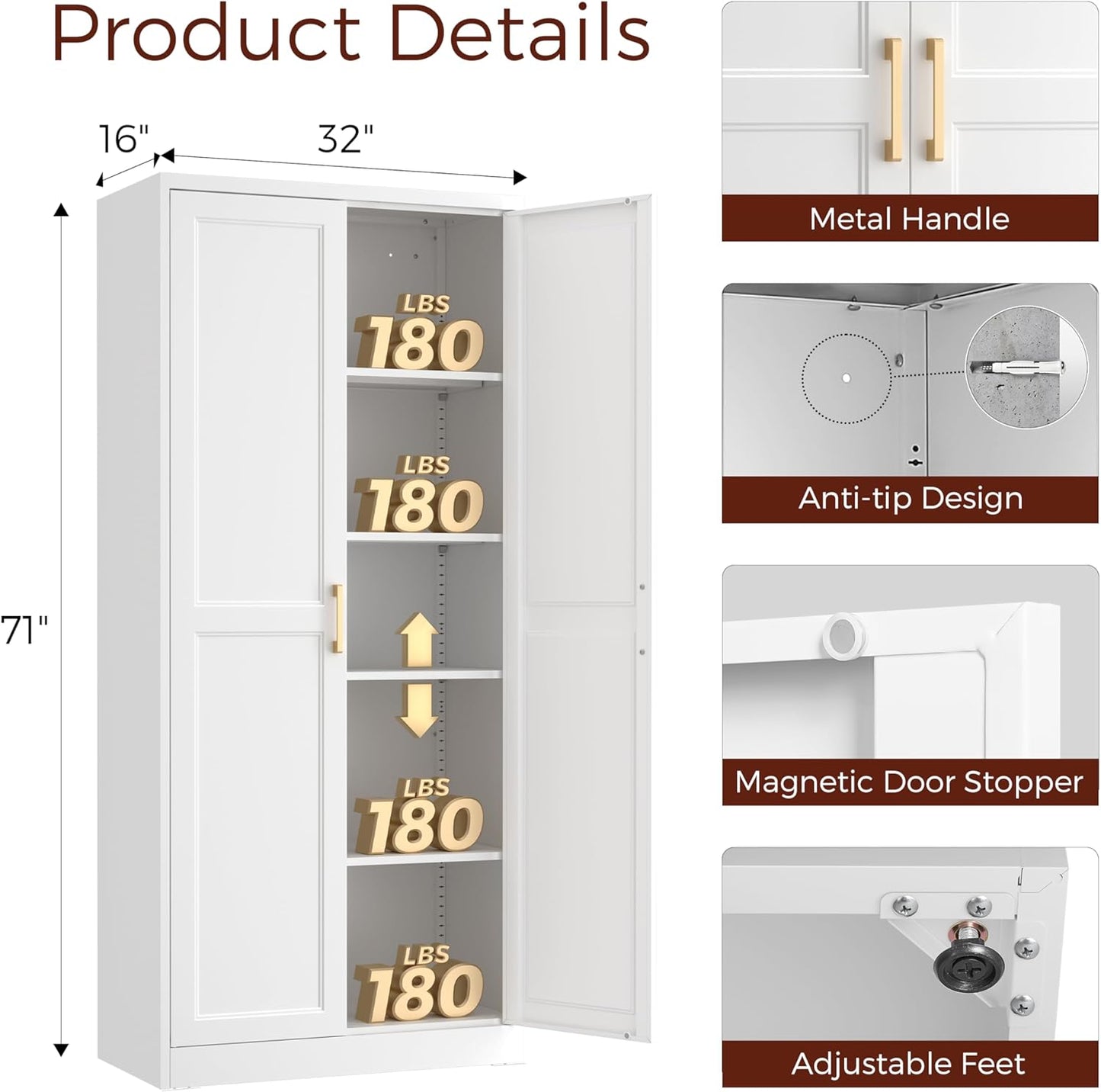 71" Tall Metal Pantry Cabinet, White Kitchen Pantry Storage Cabinet with 4 Adjustable Shelves and Gold Handles, Cupboard for Kitchen, Dining Room, Living Room, Bathroom