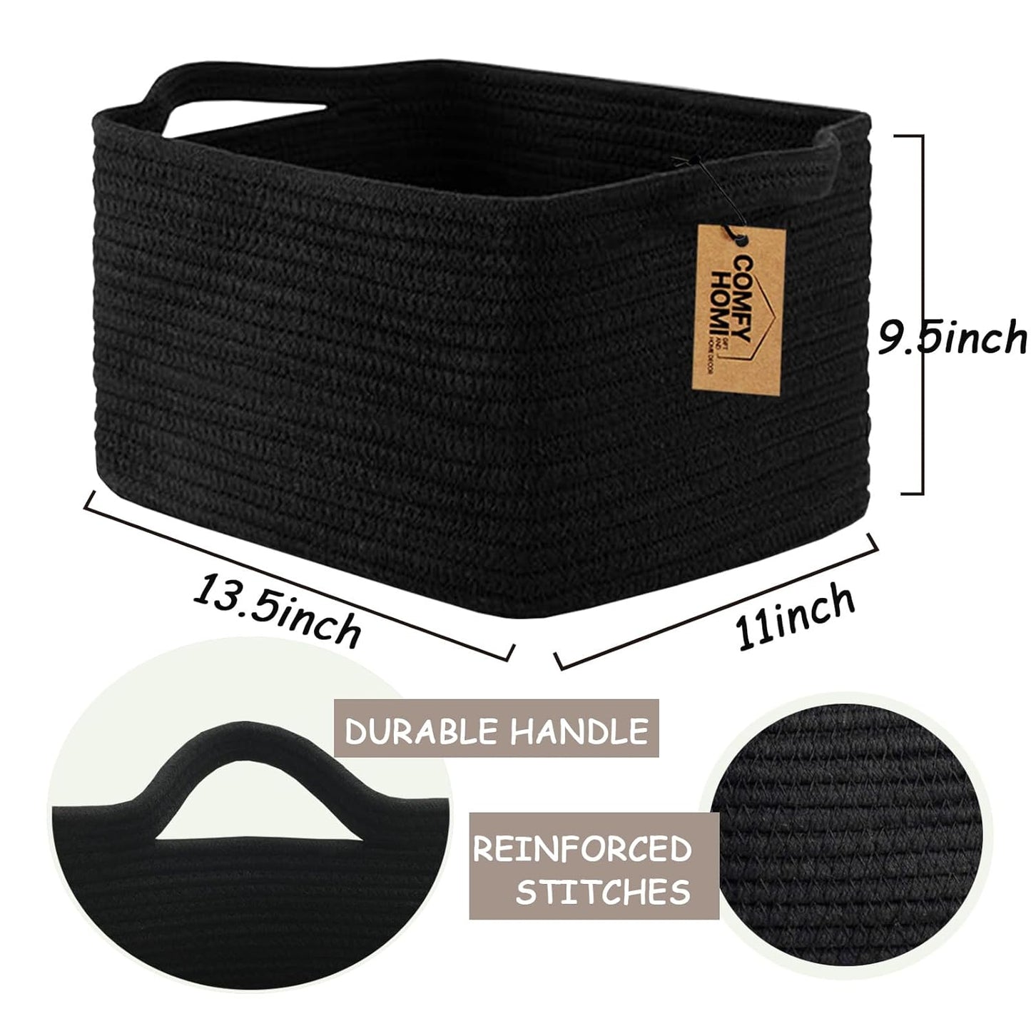COMFY-HOMI Storage Basket for Shelves, Woven Baskets for Storage, Cotton Rope Basket,Toy Storage Organizer, Storage Cube Bin, Organization and Storage, Towel Baskets for Gift Empty, All Black