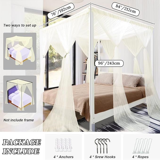 South to East Beige Canopy Bed Curtains, 4 Corner Post Bed Canopy, Top Elegant Bed Drapes for Bedroom Decor, 75D Polyester Mesh, 4 Openings, Easy Install, Bed Curtain for King/Queen Size
