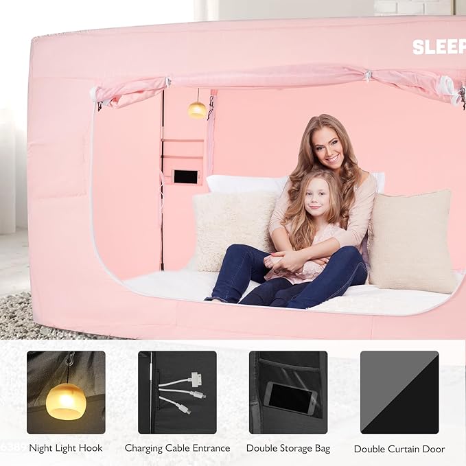 BORNA Bed Tent Full Bed Canopy for Indoor Portable Light Reducing Sleeping Canopy for Kids and Adult,Bunk Blackout Tents Breathable Privacy Space Tent Mosquito Netting for Bed(Macaron Pink)