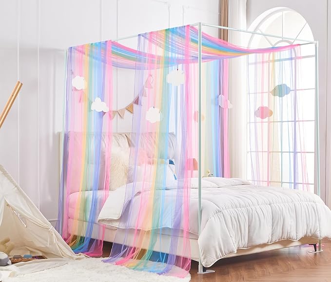 Rainbow Princess Canopy Bed Curtain Queen, Bed Scarf Valance with Cloud Ornaments, Bed Canopy for Girls Bedding Decor (1 Panel, Full/Queen Size)