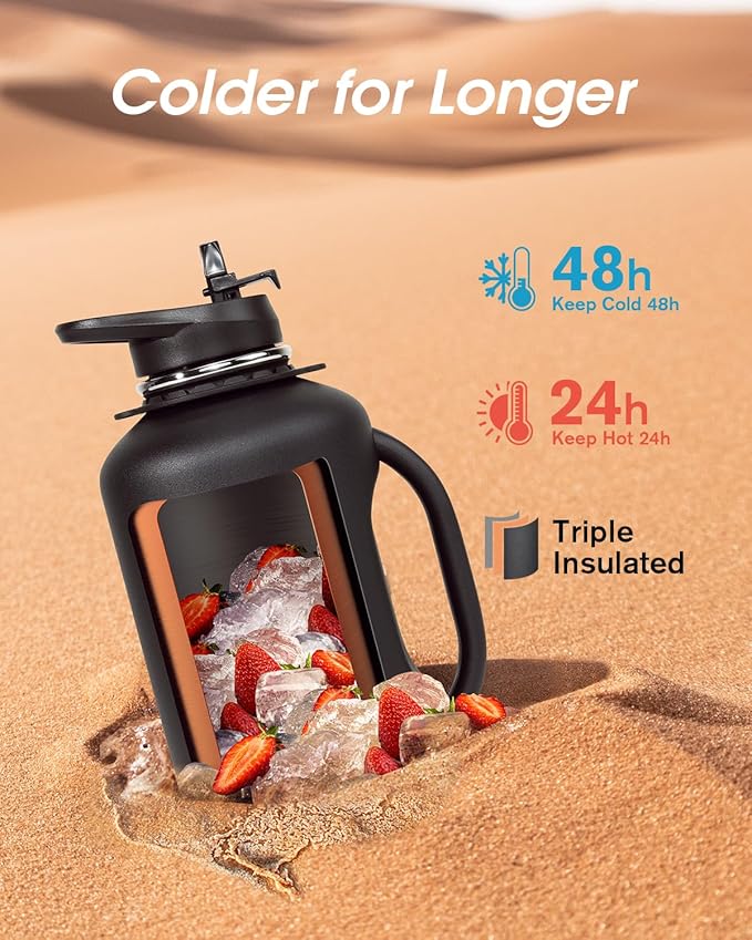 Half Gallon Water Bottle with Handle, Coolflask 64 oz Insulated Stainless Steel Water Jug Metal Double-Walled Vacuum Large Flask With Strap Straw Leakproof, Keep Cold 48 Hrs Hot 24hrs, Magic Black