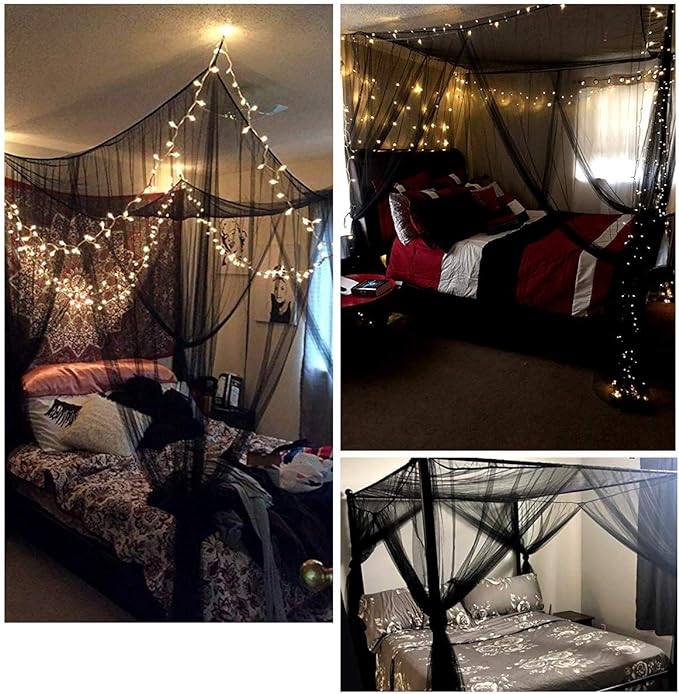 Comtelek Mosquito NET for Bed Canopy, Four Corner Post Curtains Bed Canopy Elegant Mosquito Net Set, Stick Hook &Profession Rope for net, Screen Netting Canopy Curtains, Full/Queen/King/Black