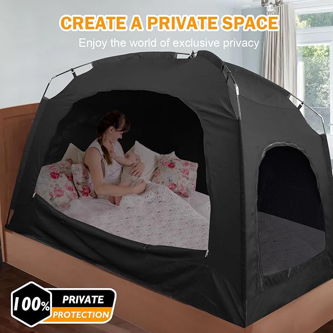 Bed Tent - Portable Indoor Privacy Dream Tents Bed Canopy for Kids and Adults, 80% Blackout Sleeping Tents for Bed, Breathable Privacy Space with 2 Doors，Phone & Pad Holders Inside