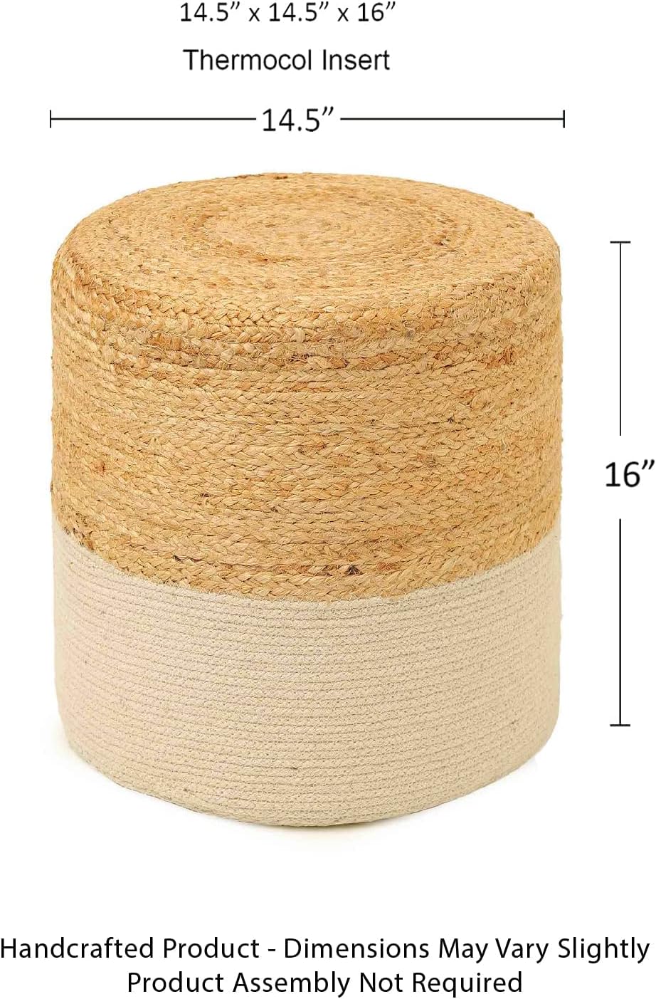 REDEARTH · Cylindrical Pouf Foot Stool Ottoman - Jute Braided Accent Sitting Footrest for The Living Room, Bedroom, Nursery, Patio, Lounge Set of 2 (14.5”x14.5”x16”; Natural Ivory)