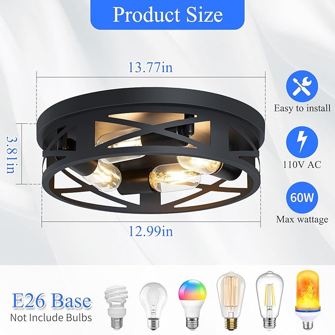 Flush Mount Ceiling Light Fixture,14 inch 4-Light Ceiling Light Fixture for Hallway, Black Hallway Light Fixtures Ceiling,Light Fixtures Ceiling Mount for Kitchen,Farmhouse,Hall (2 Pack)