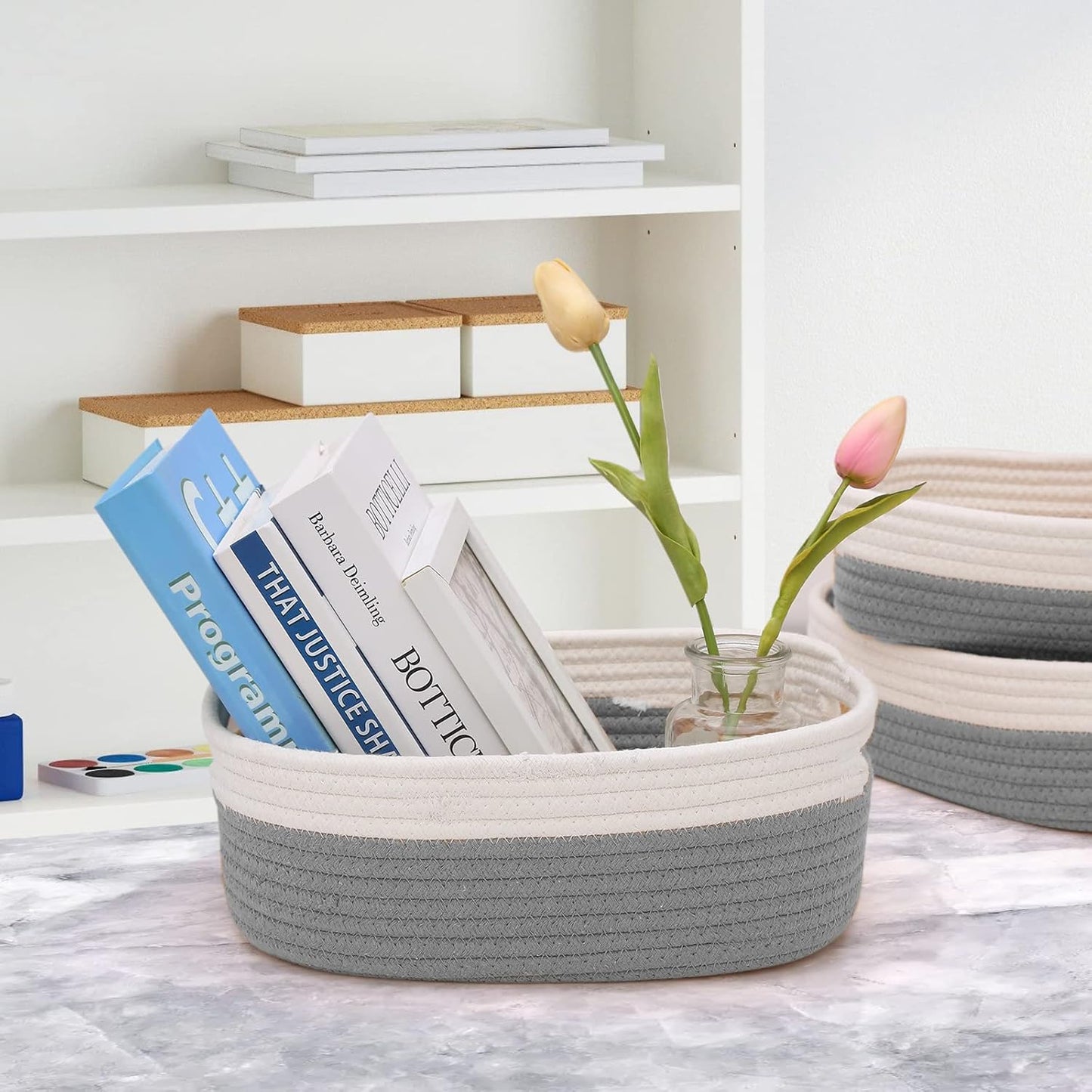 7 Piece Cotton Rope Woven Basket Set - Small Basket for Baby Nursery, Pets, Montessori, Dog & Cat Toy Boxes, Bathroom Organization Bins (White/Gray)