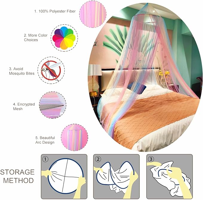 Eimilaly Rainbow Bed Canopy for Girls Mosquito Net, Easy Installation Princess Canopy for Kids Bed Room Decor