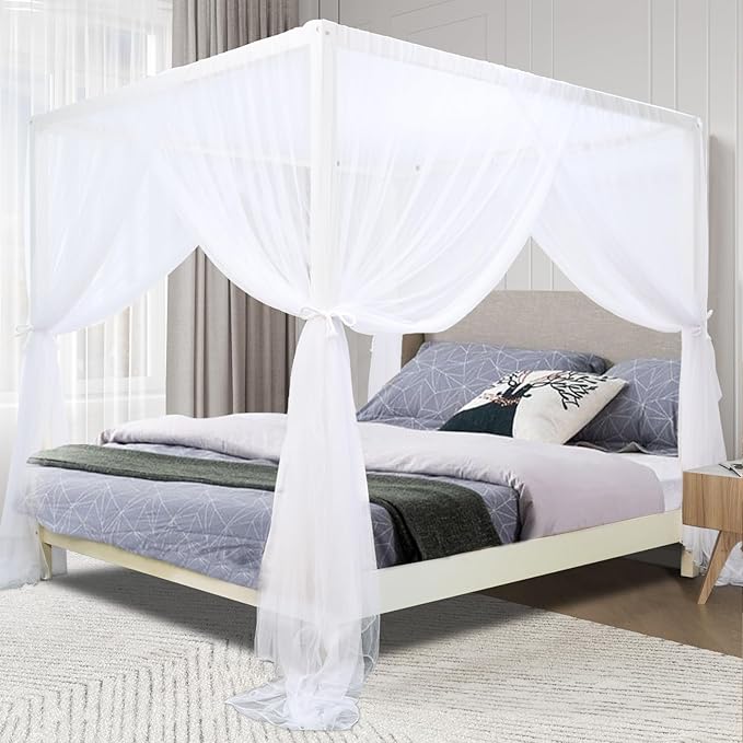 tupi Canopy Bed Curtains for King/Queen Size Bed, 4 Poster Bed Canopy, Elegant White Mosquito Net, 4 Corner Canopy Curtain with 4 Openings, Ultra Ripstop Polyester, Easy Installation