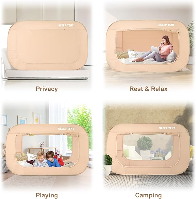BORNA Bed Canopy Bed Tent Dream Tents Autism Shelter Cabin Indoor Sleeping Tents Privacy Warm Breathable Pop Up Twin Size Double Door with Mosquito Mesh Window for Kids and Adult (Khaki)
