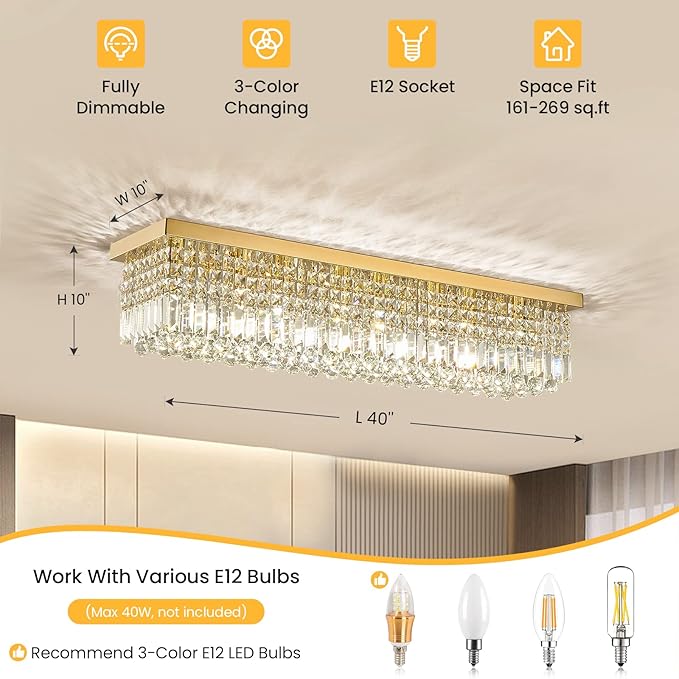 Siljoy 8-Lights Rectangular Flush Mount Ceiling Light Gold Rectangle Modern Crystal Chandelier Farmhouse Close to Ceiling Raindrop Pendant Light Fixture for Dining Living Room Kitchen Island L40''