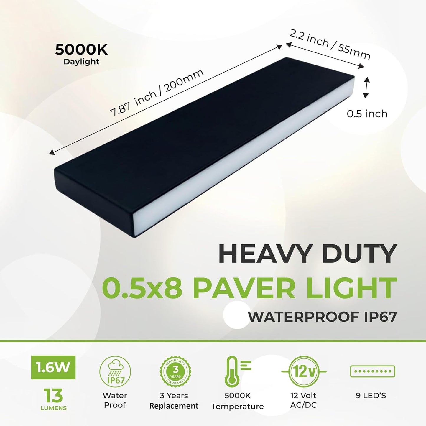 LUMENGY Paver Light Slim 0.5x8 Inch Glare-Free Brick Lighting for Pavers, Walls, Driveway, Pathway & Garden, 5000K 12V Waterproof, Drive-Over Rated