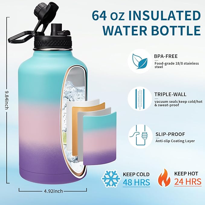 Half Gallon Water Bottle Insulated - 64 oz Water Bottle with Straw Spout Lid, Strap Carrying Sleeve, Paracord Handle, Leak Proof Metal Water Flask for Workout Sport Hiking Gym, Hydro Jug Thermo Mug