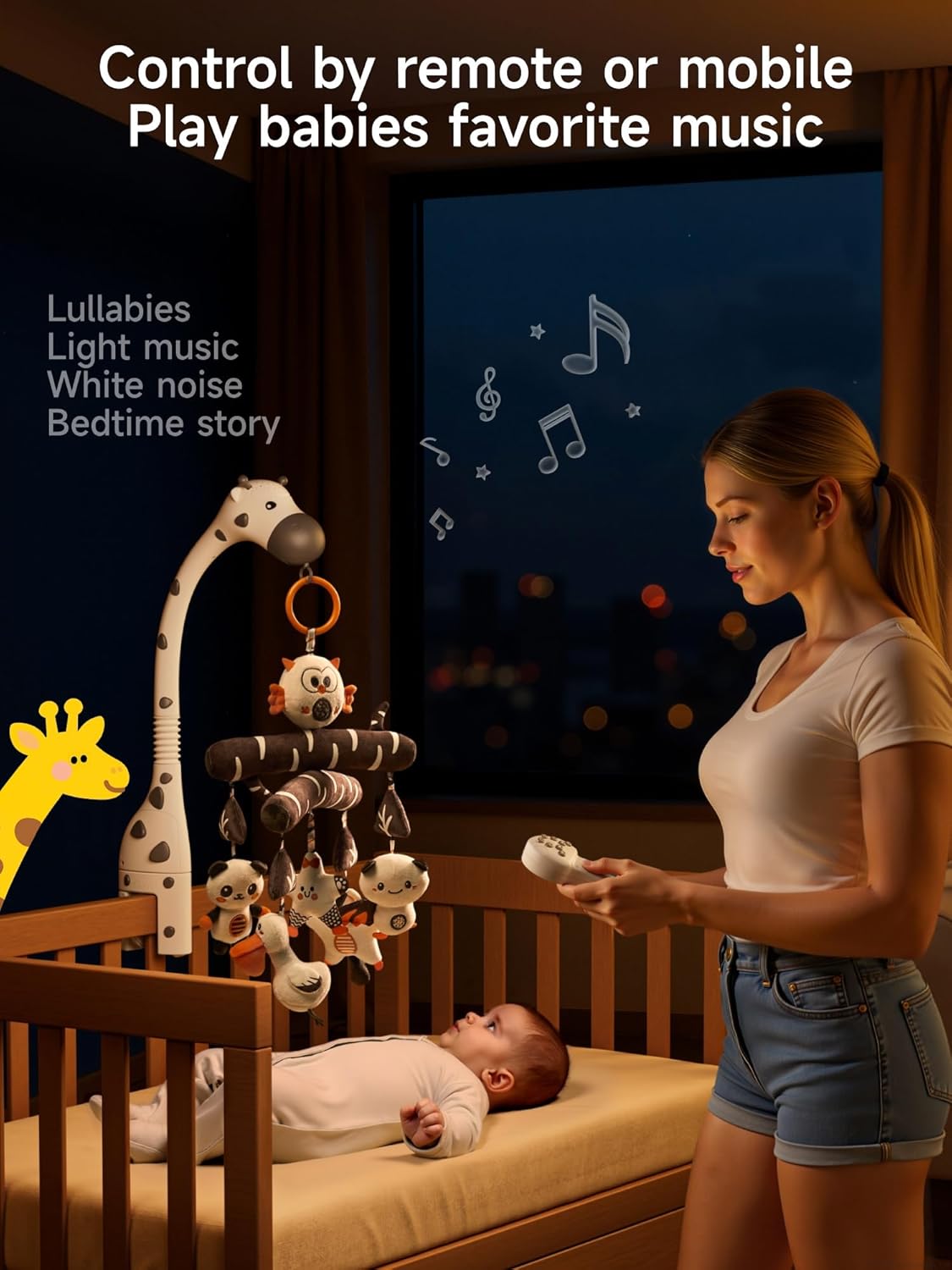 TUMAMA Baby Crib Mobile, Nursery Musical Mobile with Remote Control,Projection Night Light, Music and White Noise, Mute Spin Motor Nursery Sensory Toys for Infant 0 3 6 9 Month Newborn Xmas Gift