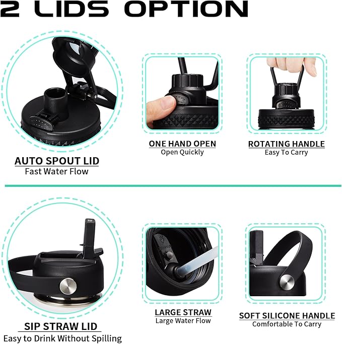 Half-Gallon Vacuum Water-Bottle with Sleeve, Paracord Handle, Straw & Spout Lid, 64oz Stainless Steel Insulated Water Jug, Cold-48h & Hot-24h Triple-Wall Metal Vacuum Flasks for Sports Hiking Camping