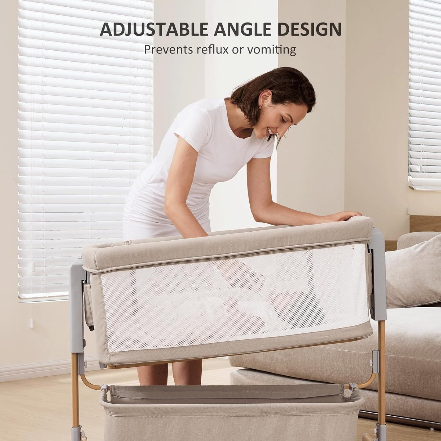3 in 1 Baby Bassinet, Rocking Bassinet, Bedside Bassinet, 6-Height Adjustable, Bassinet Bedside Sleeper, Bedside Bassient for Baby with Comfy Mattress, Breathable Mesh, Large Storage Basket