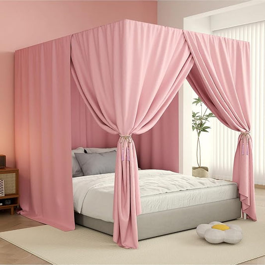 Pink Canopy Bed Curtains - 4 Corner Post Bed Curtains Queen Lightproof Drapes Bed Canopy Curtains with Tie Backs for Adults & Girls Bedroom Decoration(Pink,Queen)