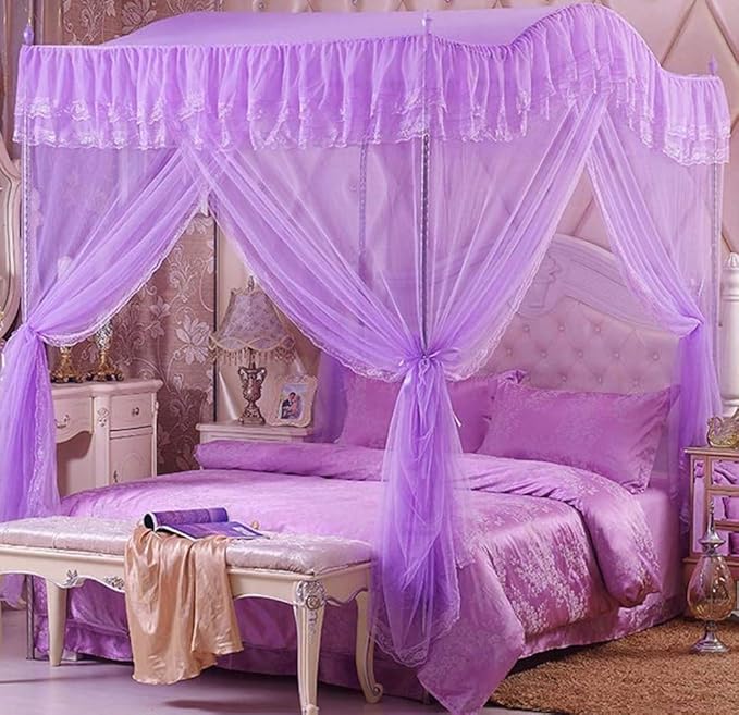 Mengersi Arched 4 Corners Post Bed Curtain Canopy Net Square Princess Fly Screen, Indoor Outdoor (Queen, Purple)