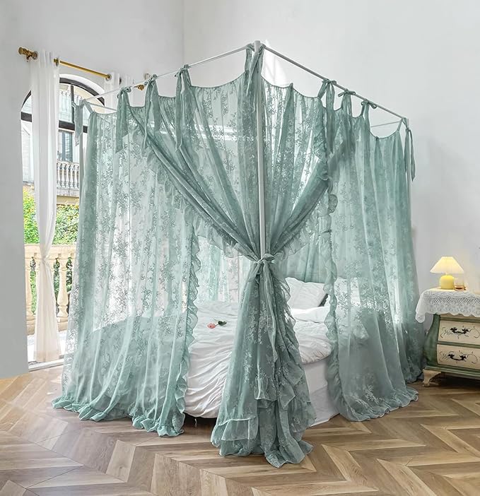 Mengersi Canopy Bed Curtains with Tie Backs,Bed Canopy Curtains Bed Drapes Sheer Lace Curtains for Bedroom Decor（California King,Sage Green