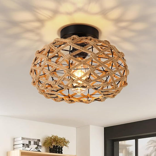 Rattan Ceiling Light Fixtures, Woven Wicker Semi Flush Mount Ceiling Light, Coastal Boho Rattan Ceiling Light for Farmhouse Bedroom Hallway Entryway Kitchen