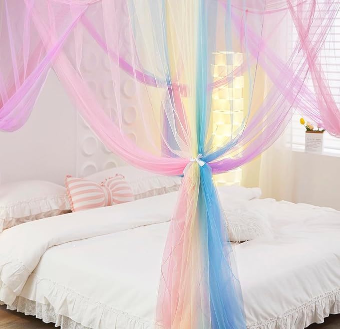 Mengersi Rainbow Bed Canopy with Lights,Bed Netting Canopy for Bed Square Canopy Bed Curtains Canopy - Suggested for Full to King Size Bed,Blue