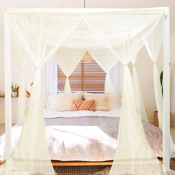 tupi Beige Canopy Bed Curtains for King/Queen Size Bed, 4 Corner Adult Bed Canopy, Ultra Elegant Bed Curtain Drapes Bedroom Decor, Stylish Polyester Netting Canopy, Easy Installation