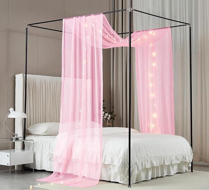 Akiky Canopy Curtains for Girls with LED Light King California King Bed Curtains Frame Bed,Valance Scarves Great for Bed,Windows,Wedding Parties(King,Pink)