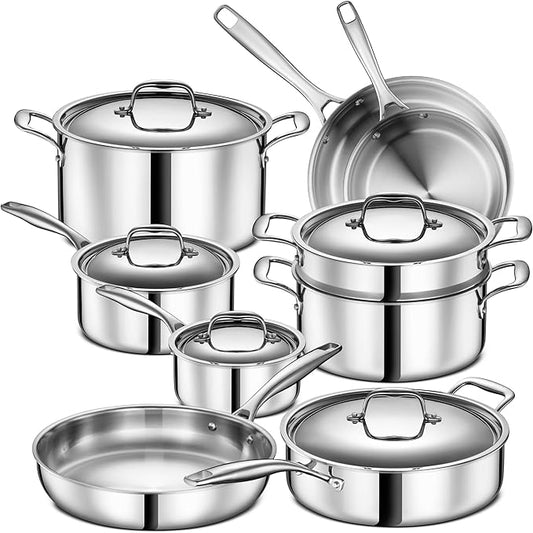 Legend 5 Ply Stainless Steel Cookware Set - 14-Piece, Full Clad, Induction, Non-Toxic, Oven Safe, Best Professional Pots and Pans, Heavy Premium Kitchen Cooking, Chef Quality - PFOA, PTFE & PFOS Free