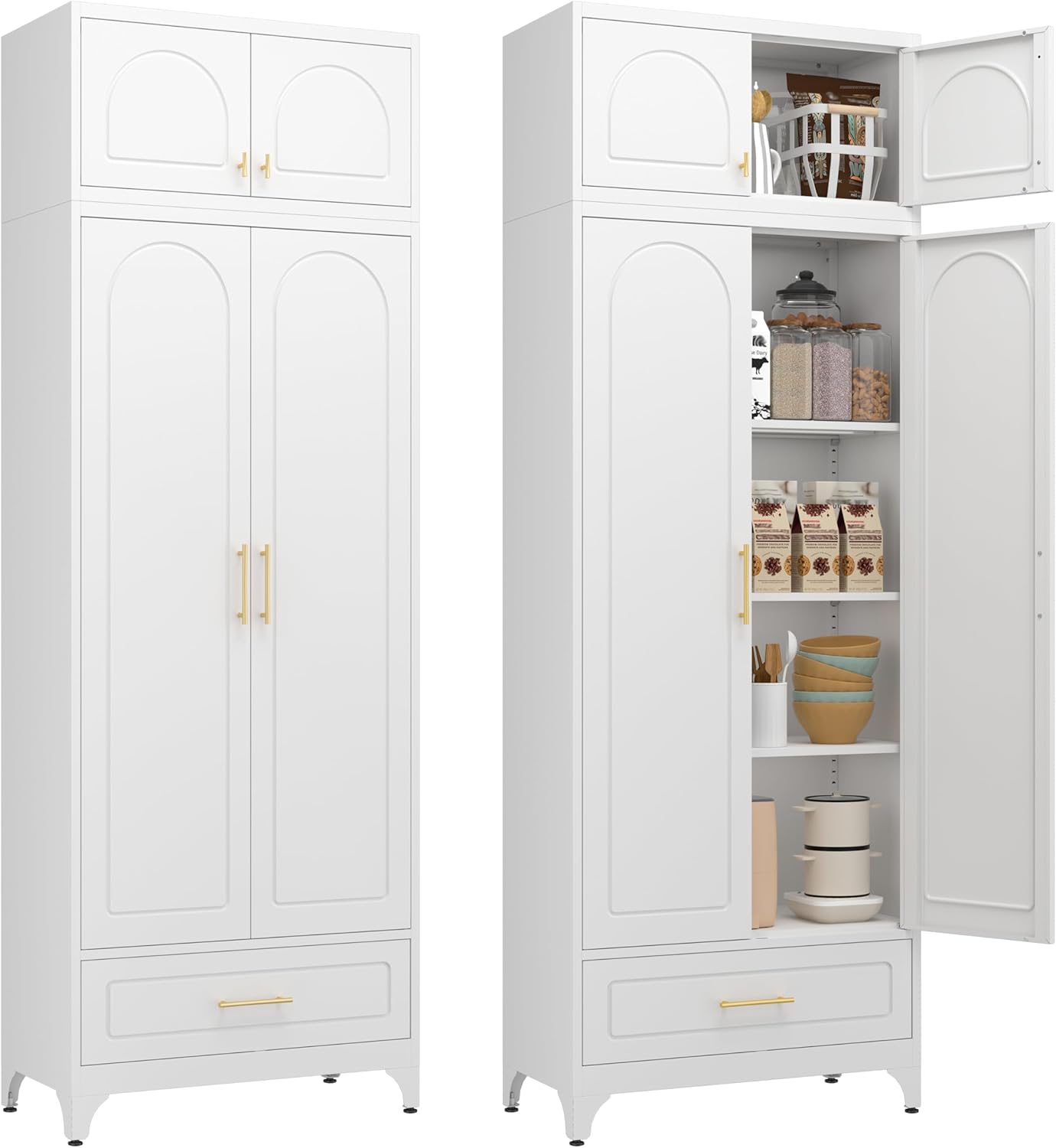 Kitchen Cabinet, 90" Tall Metal Pantry Cabinet, Freestanding Cupboards with One Drawer, Food Storage Cabinets for Dining, Living Room, White, 16" D x 32" W x 90" H, Assembly Required