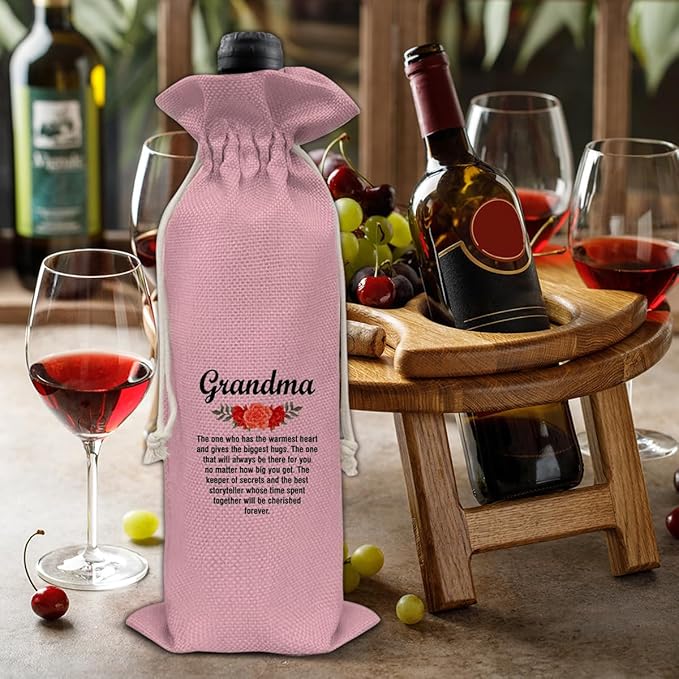 HOIJAUMAI Grandma Gift From Grandson Granddaughter, Grandma Wine Bag Grandma Wine Gift Bags for Birthday Mother's Day (Pink)