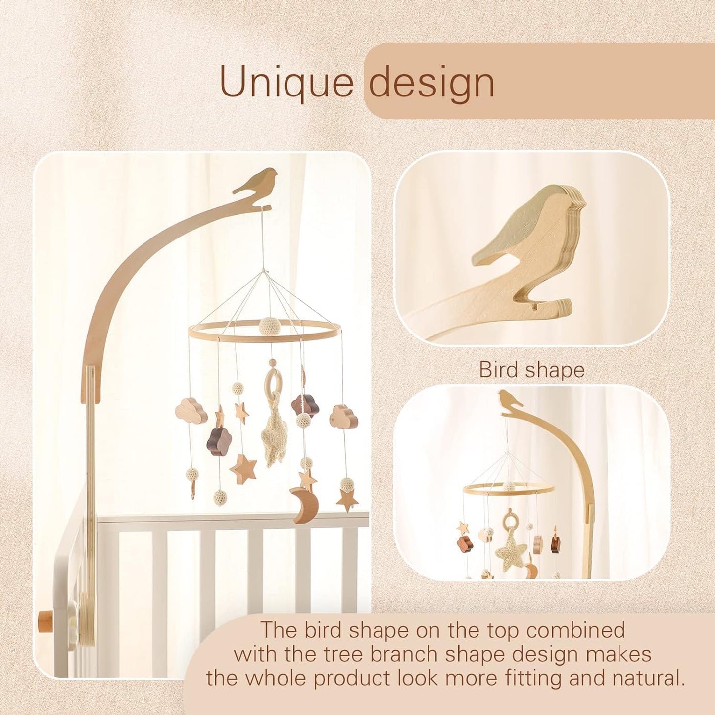 Bird Shape Crib Mobile Arm, 30 Inch Baby Crib Mobile for Boys and Girls, Adjustable Wooden Baby Mobile Holder for Crib, Baby Mobile Hanger, Perfect Nursery Décor and Gift