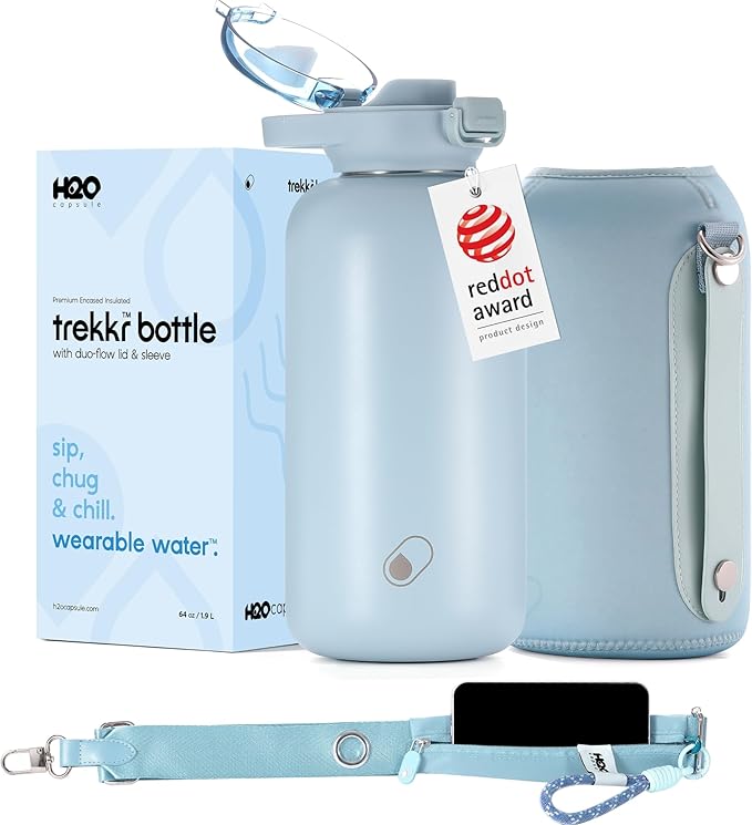 H2O Capsule Half Gallon Insulated Water Bottle With Straw - Stainless Steel Thermos Water Bottle With Sipping/Chugging Lid & Shoulder Strap For Storage - 64 oz Vacuum Flask, Keeps Hot Cold (Ice blue)